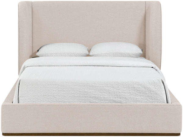 Meridian Furniture Aurin Wingback Queen Platform Bed Linen Upholstery Walnut Wood Base Modern Bedroom Beige B1285Beige-Q