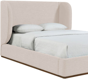 Meridian Furniture Aurin Wingback Queen Platform Bed Linen Upholstery Walnut Wood Base Modern Bedroom Beige B1285Beige-Q