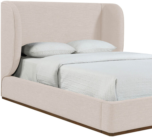 Meridian Furniture Aurin Wingback Queen Platform Bed Linen Upholstery Walnut Wood Base Modern Bedroom Beige B1285Beige-Q