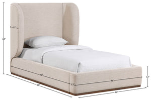 Meridian Furniture Aurin Wingback Twin Bed Sculptural Linen Upholstered Headboard with Walnut Wood Platform Base Beige B1285Beige-T