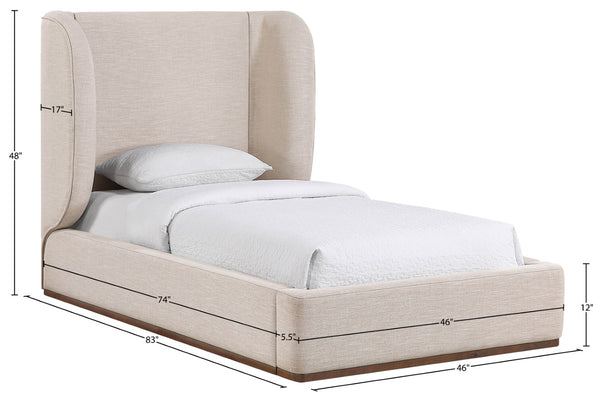 Meridian Furniture Aurin Wingback Twin Bed Sculptural Linen Upholstered Headboard with Walnut Wood Platform Base Beige B1285Beige-T