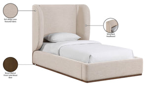 Meridian Furniture Aurin Wingback Twin Bed Sculptural Linen Upholstered Headboard with Walnut Wood Platform Base Beige B1285Beige-T