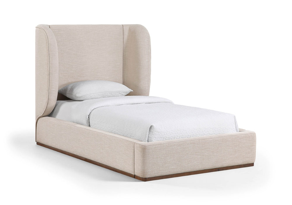 Meridian Furniture Aurin Wingback Twin Bed Sculptural Linen Upholstered Headboard with Walnut Wood Platform Base Beige B1285Beige-T