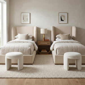 Meridian Furniture Aurin Wingback Twin Bed Sculptural Linen Upholstered Headboard with Walnut Wood Platform Base Beige B1285Beige-T