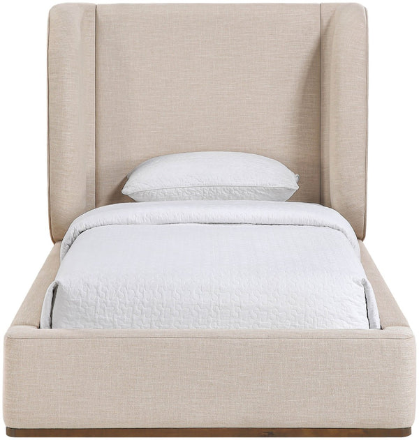 Meridian Furniture Aurin Wingback Twin Bed Sculptural Linen Upholstered Headboard with Walnut Wood Platform Base Beige B1285Beige-T