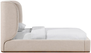Meridian Furniture Aurin Wingback Twin Bed Sculptural Linen Upholstered Headboard with Walnut Wood Platform Base Beige B1285Beige-T