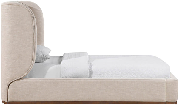 Meridian Furniture Aurin Wingback Twin Bed Sculptural Linen Upholstered Headboard with Walnut Wood Platform Base Beige B1285Beige-T