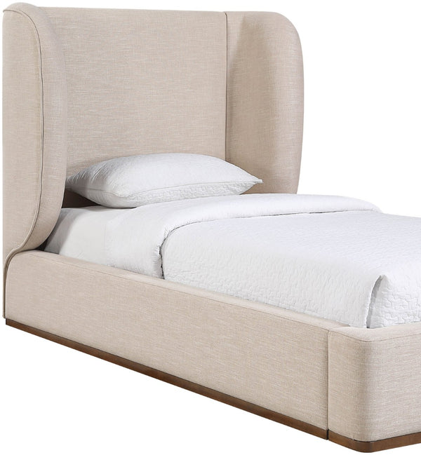 Meridian Furniture Aurin Wingback Twin Bed Sculptural Linen Upholstered Headboard with Walnut Wood Platform Base Beige B1285Beige-T