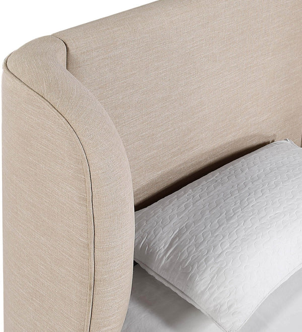 Meridian Furniture Aurin Wingback Twin Bed Sculptural Linen Upholstered Headboard with Walnut Wood Platform Base Beige B1285Beige-T