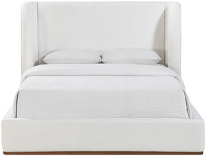 Meridian Furniture Aurin Wingback Upholstered Full Bed Linen Fabric Walnut Base Sculptural Modern Bedroom Frame Cream - A B1285Cream-F