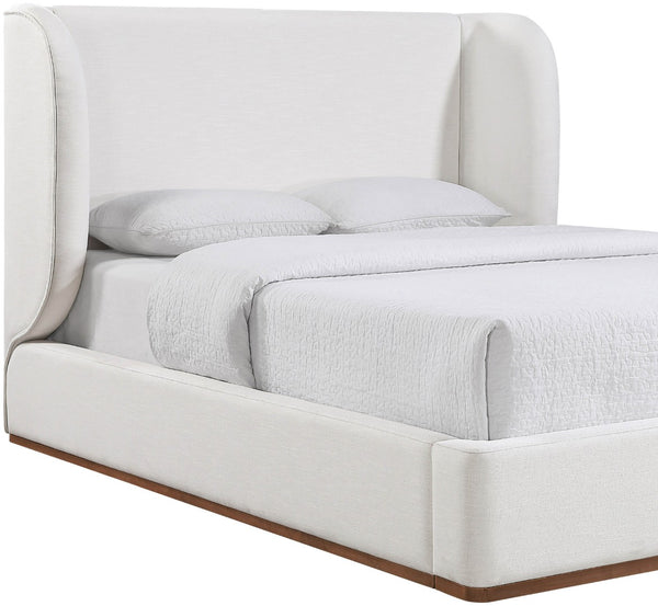 Meridian Furniture Aurin Wingback Upholstered Full Bed Linen Fabric Walnut Base Sculptural Modern Bedroom Frame Cream - A B1285Cream-F