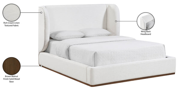 Meridian Furniture Aurin Wingback King Bed Linen Upholstered Platform Frame with Solid Walnut Wood Base Cream - A B1285Cream-K