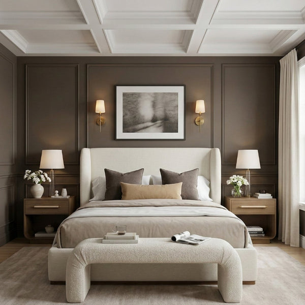 Meridian Furniture Aurin Wingback King Bed Linen Upholstered Platform Frame with Solid Walnut Wood Base Cream - A B1285Cream-K