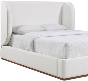 Meridian Furniture Aurin Wingback King Bed Linen Upholstered Platform Frame with Solid Walnut Wood Base Cream - A B1285Cream-K