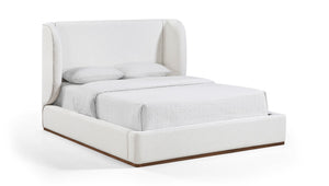 Meridian Furniture Aurin Wingback Queen Platform Bed Linen Upholstery Walnut Wood Base Modern Bedroom Cream - A B1285Cream-Q