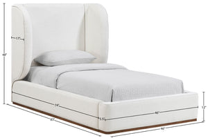 Meridian Furniture Aurin Wingback Twin Bed Sculptural Linen Upholstered Headboard with Walnut Wood Platform Base Cream - A B1285Cream-T