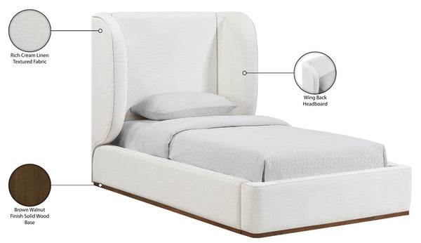 Meridian Furniture Aurin Wingback Twin Bed Sculptural Linen Upholstered Headboard with Walnut Wood Platform Base Cream - A B1285Cream-T