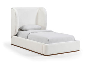 Meridian Furniture Aurin Wingback Twin Bed Sculptural Linen Upholstered Headboard with Walnut Wood Platform Base Cream - A B1285Cream-T