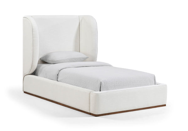 Meridian Furniture Aurin Wingback Twin Bed Sculptural Linen Upholstered Headboard with Walnut Wood Platform Base Cream - A B1285Cream-T