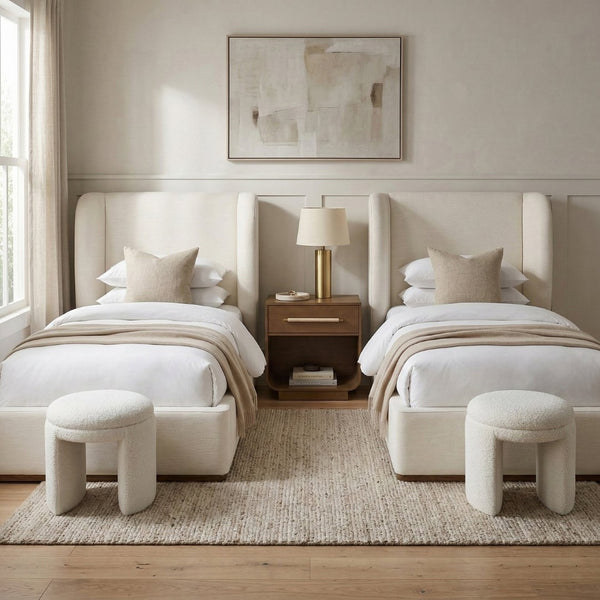 Meridian Furniture Aurin Wingback Twin Bed Sculptural Linen Upholstered Headboard with Walnut Wood Platform Base Cream - A B1285Cream-T