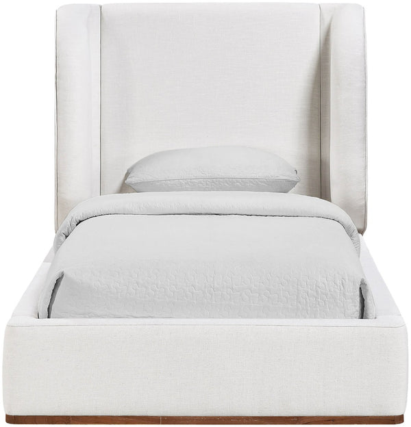 Meridian Furniture Aurin Wingback Twin Bed Sculptural Linen Upholstered Headboard with Walnut Wood Platform Base Cream - A B1285Cream-T