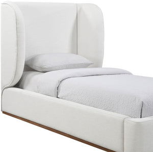 Meridian Furniture Aurin Wingback Twin Bed Sculptural Linen Upholstered Headboard with Walnut Wood Platform Base Cream - A B1285Cream-T