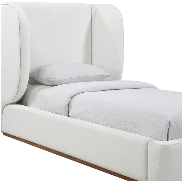 Meridian Furniture Aurin Wingback Twin Bed Sculptural Linen Upholstered Headboard with Walnut Wood Platform Base Cream - A B1285Cream-T