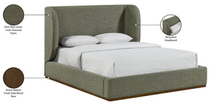 Meridian Furniture Aurin Wingback Upholstered Full Bed Linen Fabric Walnut Base Sculptural Modern Bedroom Frame Olive Green B1285Olive-F
