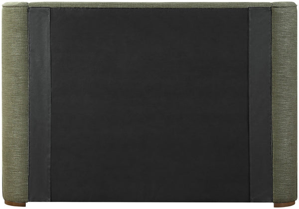 Meridian Furniture Aurin Wingback Upholstered Full Bed Linen Fabric Walnut Base Sculptural Modern Bedroom Frame Olive Green B1285Olive-F