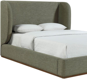 Meridian Furniture Aurin Wingback Upholstered Full Bed Linen Fabric Walnut Base Sculptural Modern Bedroom Frame Olive Green B1285Olive-F