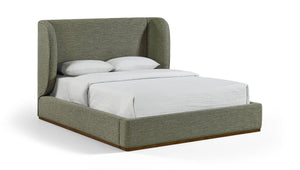 Meridian Furniture Aurin Wingback King Bed Linen Upholstered Platform Frame with Solid Walnut Wood Base Olive Green B1285Olive-K