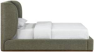 Meridian Furniture Aurin Wingback King Bed Linen Upholstered Platform Frame with Solid Walnut Wood Base Olive Green B1285Olive-K