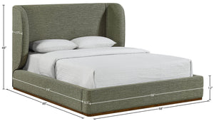 Meridian Furniture Aurin Wingback Queen Platform Bed Linen Upholstery Walnut Wood Base Modern Bedroom Olive Green B1285Olive-Q