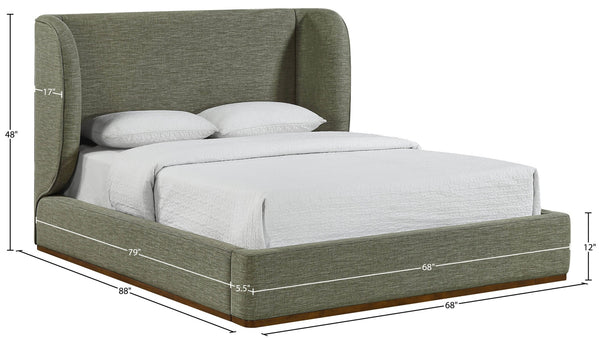 Meridian Furniture Aurin Wingback Queen Platform Bed Linen Upholstery Walnut Wood Base Modern Bedroom Olive Green B1285Olive-Q