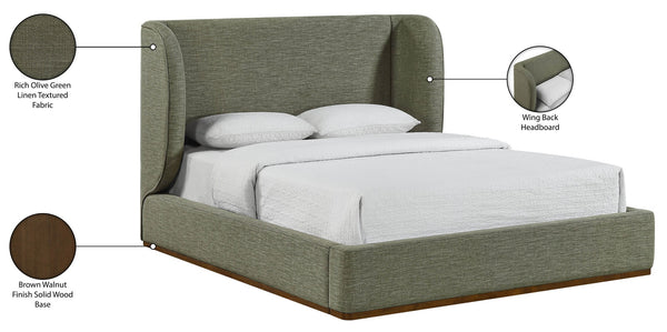 Meridian Furniture Aurin Wingback Queen Platform Bed Linen Upholstery Walnut Wood Base Modern Bedroom Olive Green B1285Olive-Q