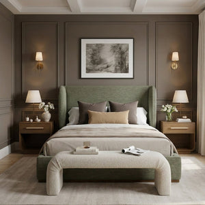 Meridian Furniture Aurin Wingback Queen Platform Bed Linen Upholstery Walnut Wood Base Modern Bedroom Olive Green B1285Olive-Q