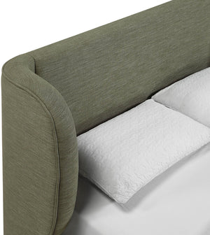 Meridian Furniture Aurin Wingback Queen Platform Bed Linen Upholstery Walnut Wood Base Modern Bedroom Olive Green B1285Olive-Q