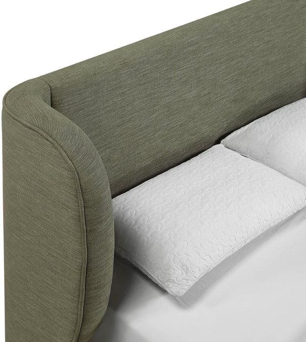 Meridian Furniture Aurin Wingback Queen Platform Bed Linen Upholstery Walnut Wood Base Modern Bedroom Olive Green B1285Olive-Q