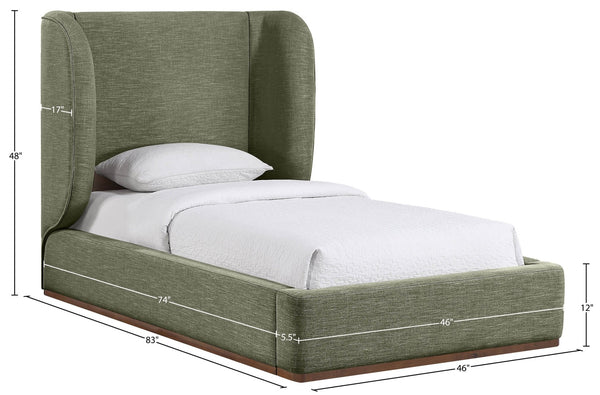 Meridian Furniture Aurin Wingback Twin Bed Sculptural Linen Upholstered Headboard with Walnut Wood Platform Base Olive Green B1285Olive-T
