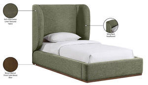 Meridian Furniture Aurin Wingback Twin Bed Sculptural Linen Upholstered Headboard with Walnut Wood Platform Base Olive Green B1285Olive-T
