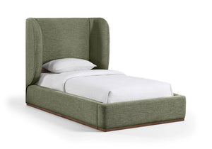 Meridian Furniture Aurin Wingback Twin Bed Sculptural Linen Upholstered Headboard with Walnut Wood Platform Base Olive Green B1285Olive-T