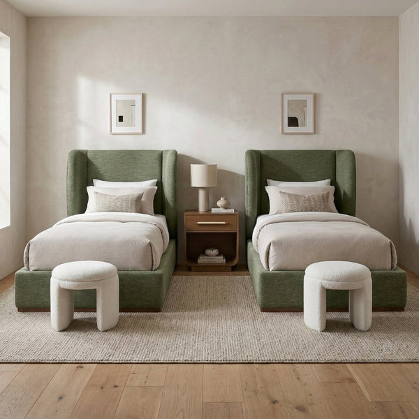 Meridian Furniture Aurin Wingback Twin Bed Sculptural Linen Upholstered Headboard with Walnut Wood Platform Base Olive Green B1285Olive-T