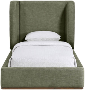 Meridian Furniture Aurin Wingback Twin Bed Sculptural Linen Upholstered Headboard with Walnut Wood Platform Base Olive Green B1285Olive-T