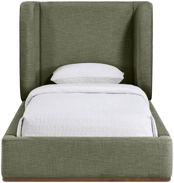 Meridian Furniture Aurin Wingback Twin Bed Sculptural Linen Upholstered Headboard with Walnut Wood Platform Base Olive Green B1285Olive-T