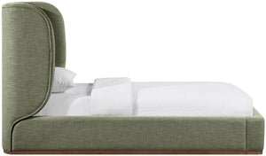 Meridian Furniture Aurin Wingback Twin Bed Sculptural Linen Upholstered Headboard with Walnut Wood Platform Base Olive Green B1285Olive-T