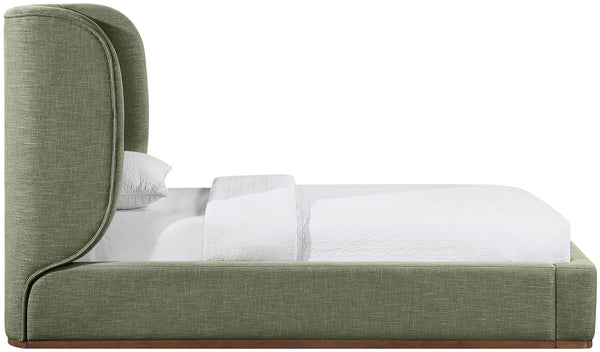 Meridian Furniture Aurin Wingback Twin Bed Sculptural Linen Upholstered Headboard with Walnut Wood Platform Base Olive Green B1285Olive-T