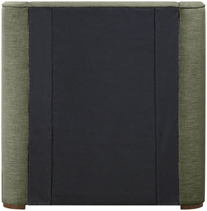 Meridian Furniture Aurin Wingback Twin Bed Sculptural Linen Upholstered Headboard with Walnut Wood Platform Base Olive Green B1285Olive-T