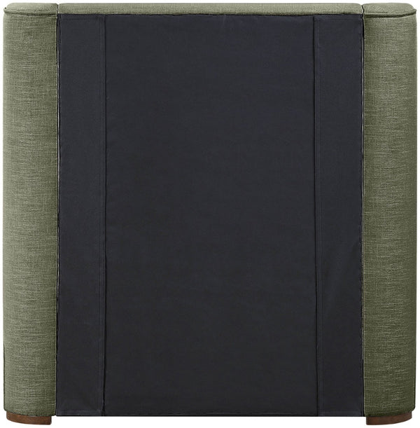 Meridian Furniture Aurin Wingback Twin Bed Sculptural Linen Upholstered Headboard with Walnut Wood Platform Base Olive Green B1285Olive-T