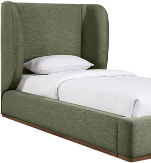 Meridian Furniture Aurin Wingback Twin Bed Sculptural Linen Upholstered Headboard with Walnut Wood Platform Base Olive Green B1285Olive-T