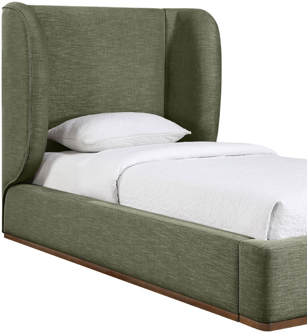 Meridian Furniture Aurin Wingback Twin Bed Sculptural Linen Upholstered Headboard with Walnut Wood Platform Base Olive Green B1285Olive-T